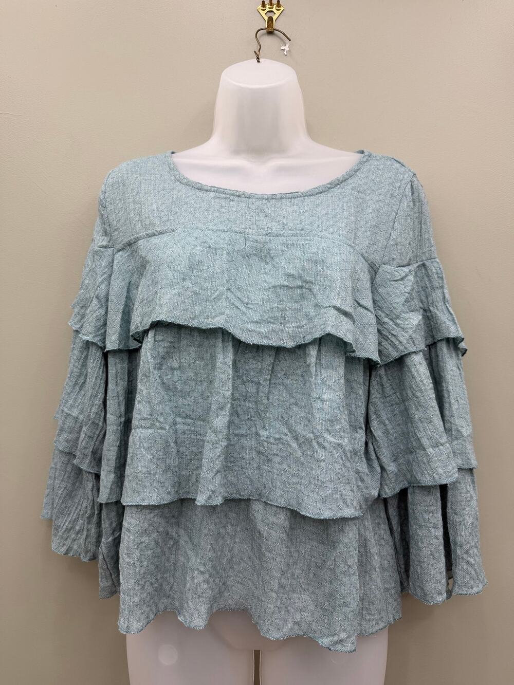 Listicle Large 100% Cotton Blue Tiered Ruffle Bell Sleeve Boho Blouse
